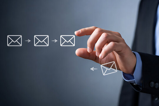 Businessman moving an email icon out of a sequence