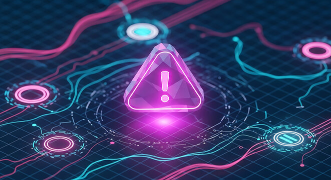 digital warning sign on a futuristic network interface highlighting cybersecurity threats and data breach risks for technology.
