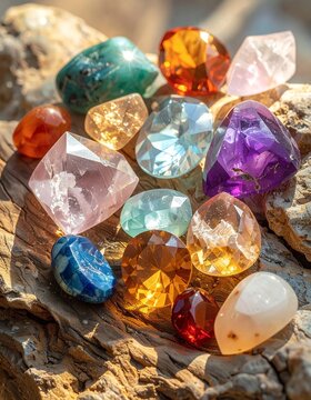 Vibrant Collection of Polished Gemstones and Crystals on Natural Wood.