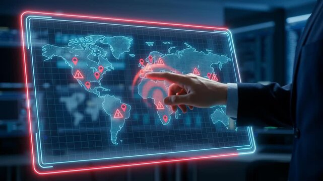 Global supply chain disruption risk control concept highlighting economic conflict zones and warning signs on digital world map with futuristic technology interface and conflict alert