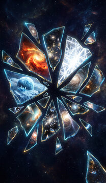 A broken mirror floating in space, each shard reflecting a different version of the universe - one fiery, one frozen, one made of pure light, infinite reflections, surreal concept, sharp fragments.