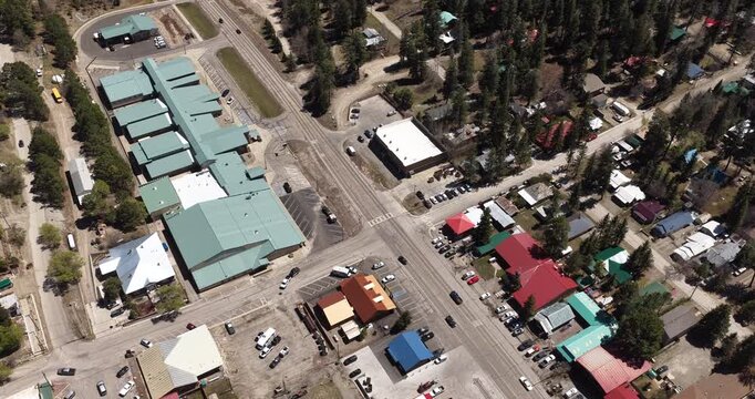 Aerial view look down on mountain village Cloudcroft New Mexico town streets in springtime