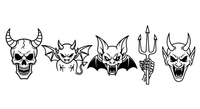 Black and white devil icons set.