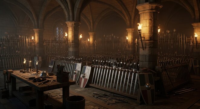 Stone walls enclose a medieval armory filled with rows of swords and shields illuminated by flickering torches.