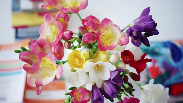 Close up of vibrant freesia flowers in pink, yellow, and white with soft blurred background