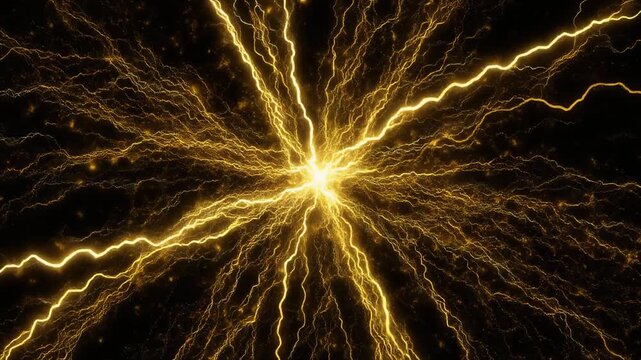 Gold lightning explodes outward from a central origin point with crackling electric arcs branching in all directions against black. Sparks and energy debris scatter. Upper area clear for copy space. 5