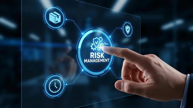 Risk management concept hand pointing digital screen showing supply chain disruption control to reduce economic conflict global risk business impact and strategic supply chain risk control