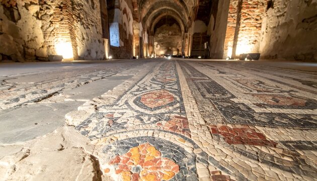 Ancient Roman Mosaic Floor in an Old Church, Historical Site in Italy.