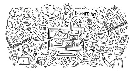 Obraz premium E-learning concept with various educational icons and symbols