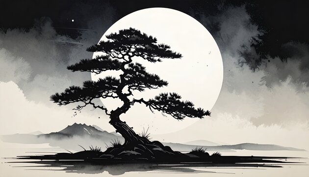 Bonsai Tree Silhouette Against Full Moon in Traditional Japanese Ink Wash Painting Style.