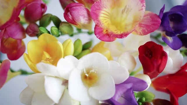 Close up of vibrant freesia flowers in pink, yellow, and white with soft blurred background