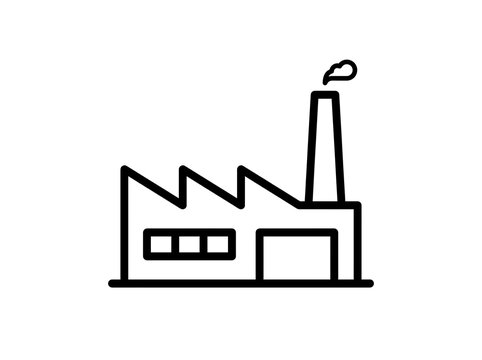 Outline icon of a factory building with smoking chimney building industry manufacturing production industrial