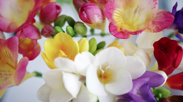 Close up of vibrant freesia flowers in pink, yellow, and white with soft blurred background