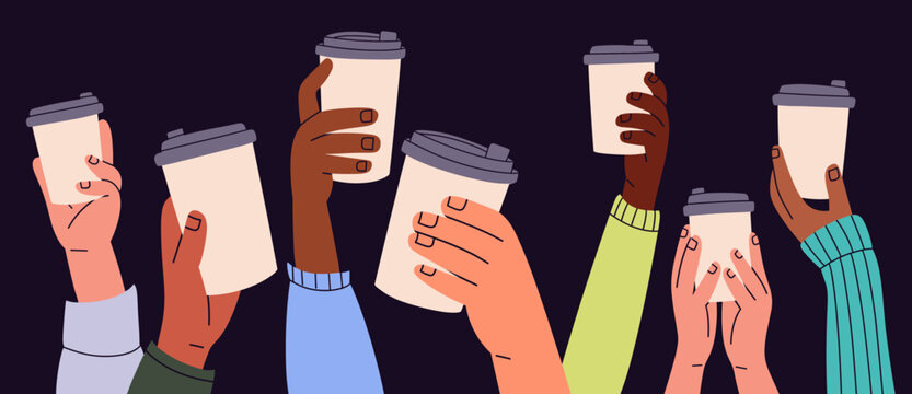 Flat vector illustration of diverse hands raising takeaway coffee cups in a cheers gesture. Perfect for cafe branding, coworking culture, lifestyle content, and community campaigns.