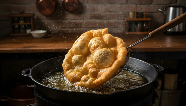 Langos dough frying in hot sizzling oil