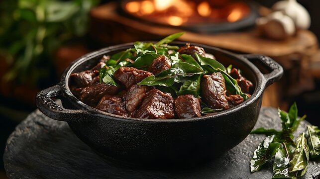 Okok, a rustic and aromatic preparation of Gnetum wild leaves with beef chunks and palm oil, served in a cast iron pot on a dark grey slate surface