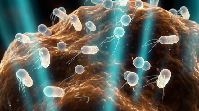A close up of a cell with many bacteria on it