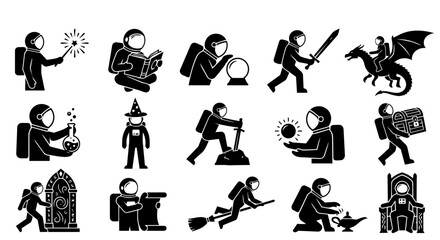Obraz premium A set of silhouettes depicting an astronaut character engaged in various fantasy and adventure activities, including magic, dragons, quests, and discovery, in a black and white style.