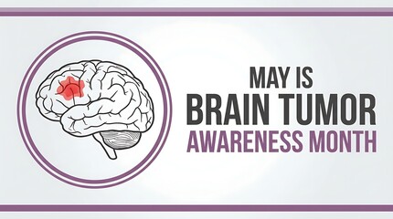 Fototapeta premium May is brain tumor awareness month graphic illustration with brain symbol and text on clean white background and purple borders.