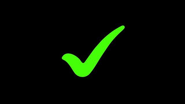 Green Tick Mark Icon Animation. Animated Green Check Mark Icon. Confirm Tick Symbol Animation, Check Mark Icon on Black Background.