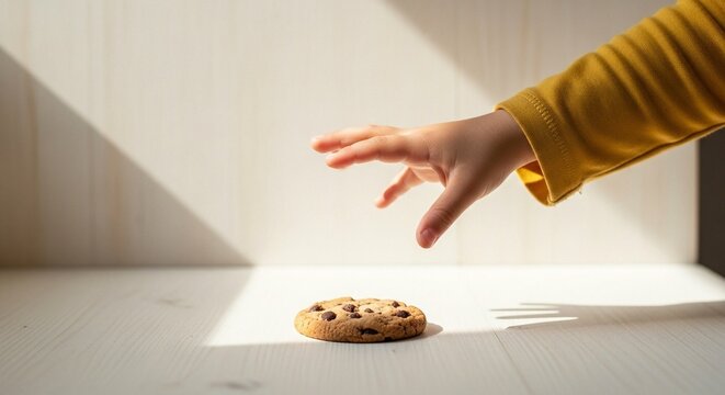 A person's hand reaching for a chocolate chip cookie on a table in natural light