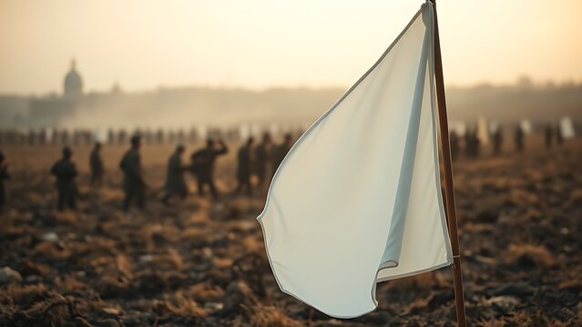 sonnet. A white flag lowered on a historic battlefield at dawn, muted colors and soft light. event programs, museum guides, designed for cultural heritage projects and event programs.