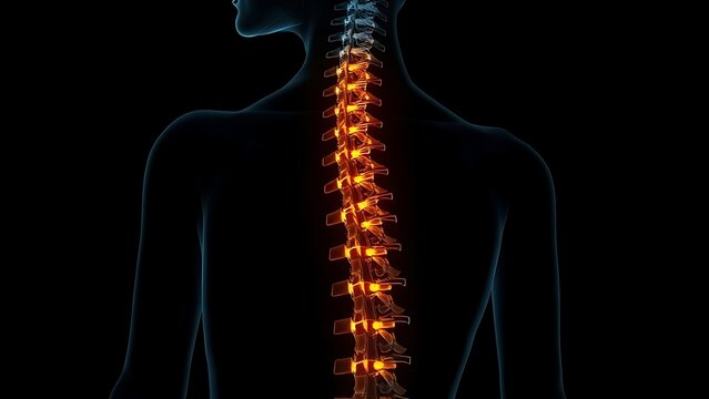 culpability. X-ray silhouette of a human spine with a subtle golden coil ascending within the vertebrae. STEM education sheets, lab safety posters, designed for biotech research communications.
