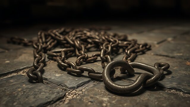 shackles. Rusted iron chains and broken manacles on a stone floor in dim light. public awareness campaigns, NGO reports, designed for public awareness campaigns and NGO communications.