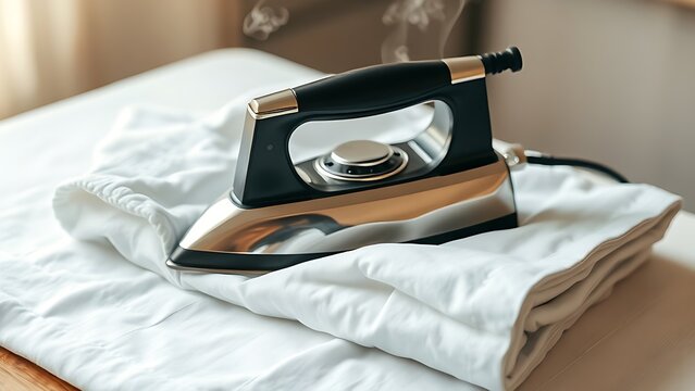 bergere. A vintage iron on a folded white shirt with rising steam in warm nostalgic light. lifestyle magazines, social media lookbooks, designed for influencer and brand collaborations.