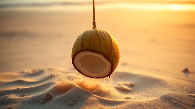 sedition. A ripe coconut falling onto soft sand, motion blur, sand spraying, beach at golden hour. travel magazines, destination branding, designed for outdoor magazines and nature guides.