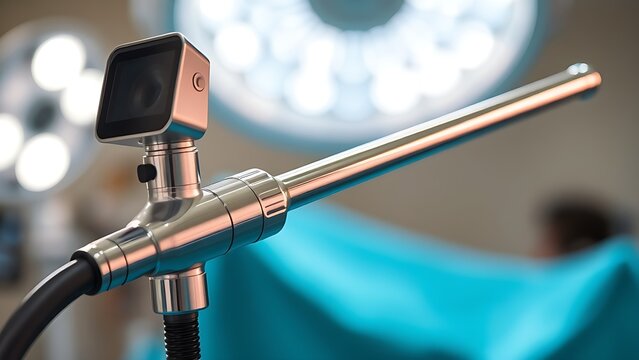 laparoscope. Slender laparoscope with polished metal surface reflecting light, on a medical tray with professional lighting. product launch decks.