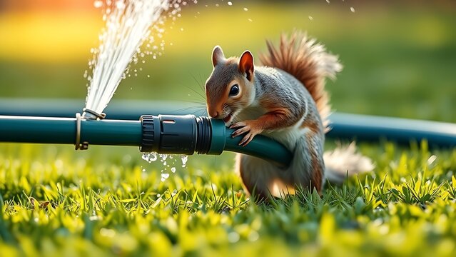 specious. A squirrel chewing on a garden hose with water spraying on the lawn. wildlife magazines, conservation campaigns, designed for eco-tourism storytelling, promotes animal welfare.