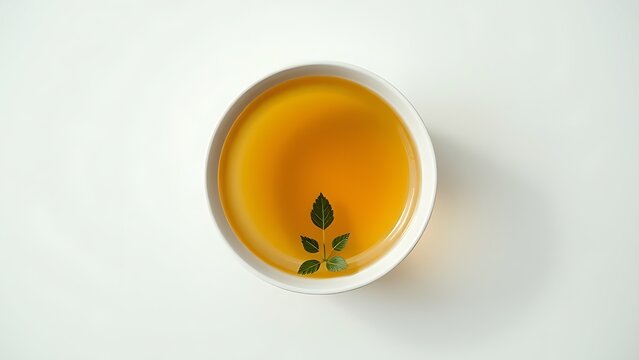 probity. A single bowl of golden consomme with a delicate herb leaf, minimalist and pure. menu design, packaging mockups, designed for food delivery and cloud-kitchen brand materials.