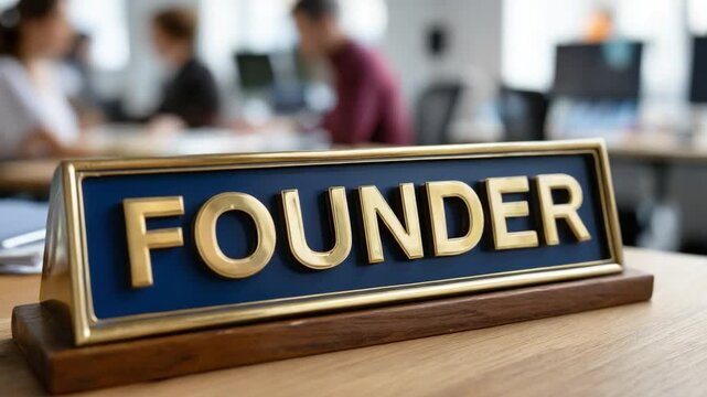 The Founder's Emblem: A close-up shot of a distinguished FOUNDER desk plate, capturing the essence of leadership and innovation within a modern office setting. 