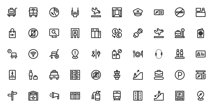 Airport icon set. Vector travel symbols collection. Includes trolley, bus, radar, gate, passport, luggage, security, services and more. Editable thin line icons.