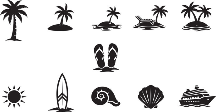Black and white beach icons and symbols set