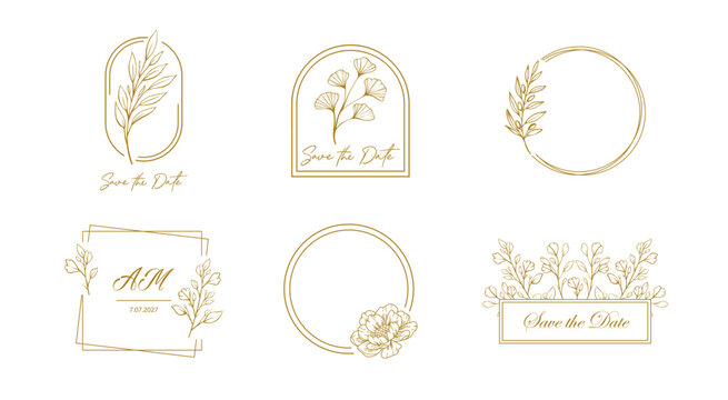 Elegant Botanical Logo Frames Set with Gold Line Art Floral Elements for Wedding Branding and Invitations