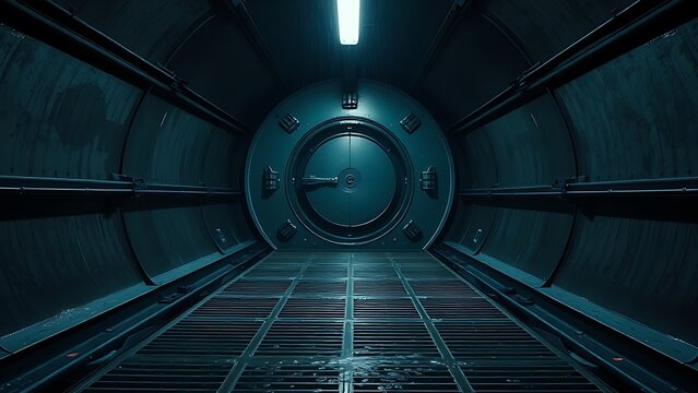 airlock. Interior of a submarine airlock chamber, water draining from floor grates. mobility guides, transit brochures, designed for transport & logistics marketing, improves user orientation.