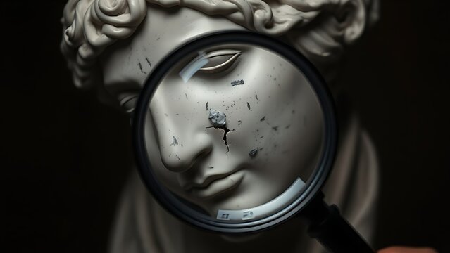 couter. A magnifying glass examines a fine crack in a classical marble sculpture. event programs, museum guides, designed for cultural heritage projects and event programs.