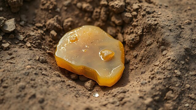 copal. Piece of semi-fossilized copal resin lying on soil at an archaeological site. gardening catalogs, home-decor guides, designed for home decor and floral branding, celebrates nature.