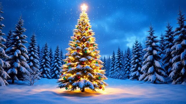 Snowy Christmas tree in forest for Environmental Sustainability and Mindfulness