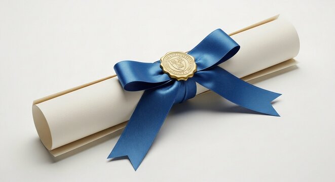 A rolled up diploma with a blue ribbon and gold seal on a white background