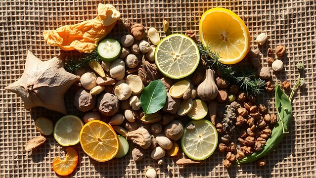 correlating. Assorted botanicals scattered on rough burlap fabric in sunlight. gardening catalogs, home-decor guides, designed for home decor and floral branding, promotes healthy living.