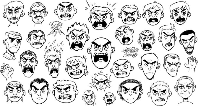 Angry Faces Black and White Line Art Cartoon Vector Illustration Set for Human Emotion and Character Design Concepts