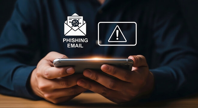A person holding a cell phone with a phishing email warning