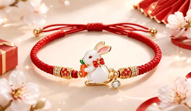 Festive red string bracelet with rabbit charm, gold details and gemstone beads, Chinese zodiac bunny jewelry