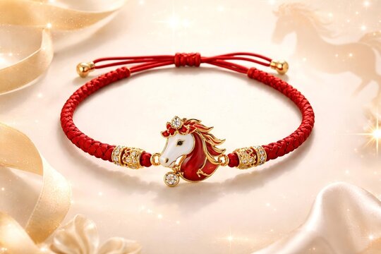 Elegant red string bracelet with horse charm, gold and enamel design, Chinese zodiac horse jewelry