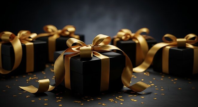 Title elegant black gift boxes with golden ribbons on a dark background description a luxurious arrangement of black gift