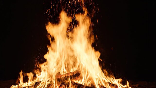 Vibrant orange campfire flames isolated on black background