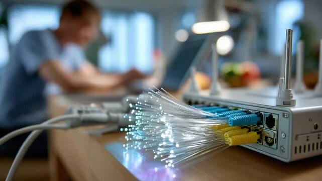 Home Internet and Technology: A blurred individual works at a laptop, with a router in the foreground, highlighting the essence of modern digital connectivity.